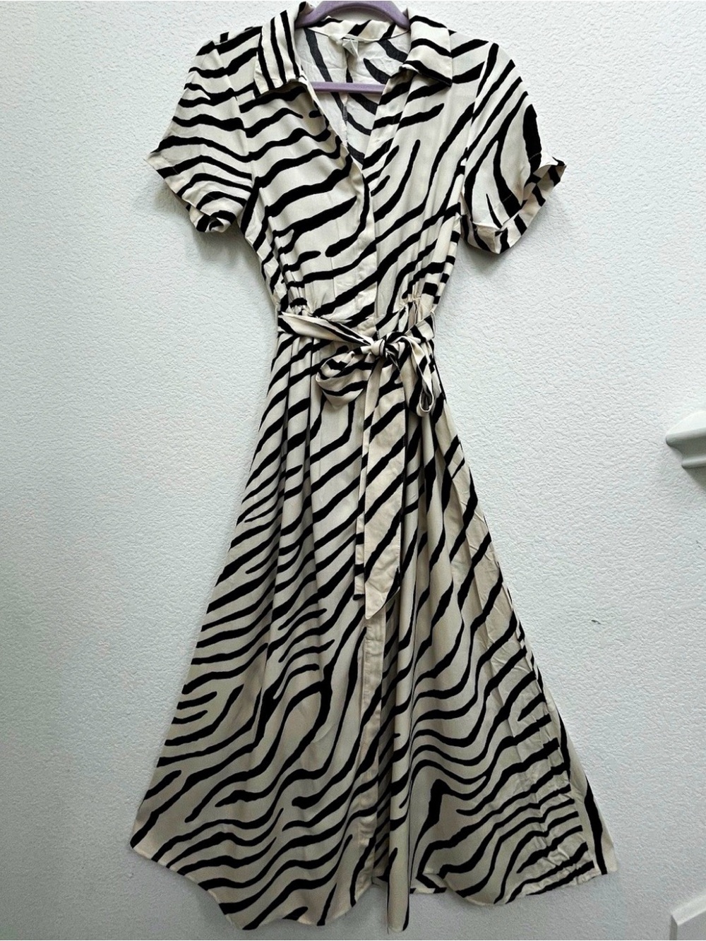 H&M Black & Cream Zebra-Stripe Maxi Shirt Dress with Tie Belt